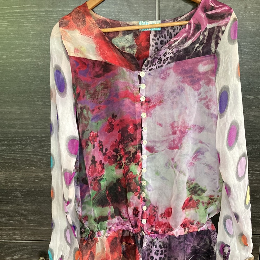 Pareesa Silk Sheer Blouse Multi Dot Floral & Leopard Print Shell Buttons…